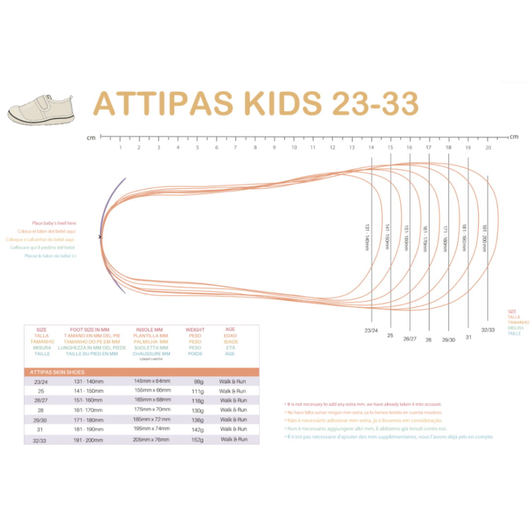Guia de tamanhos e medidas dos sapatos ATTIPAS KIDS de 23 a 33 com régua em cm e tabela detalhada