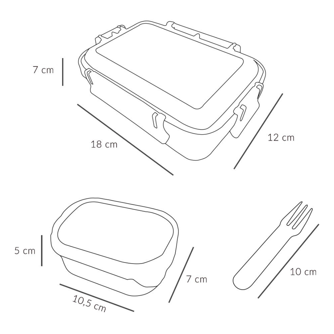 Desenho técnico a preto e branco de duas caixas e um garfo de plástico com dimensões