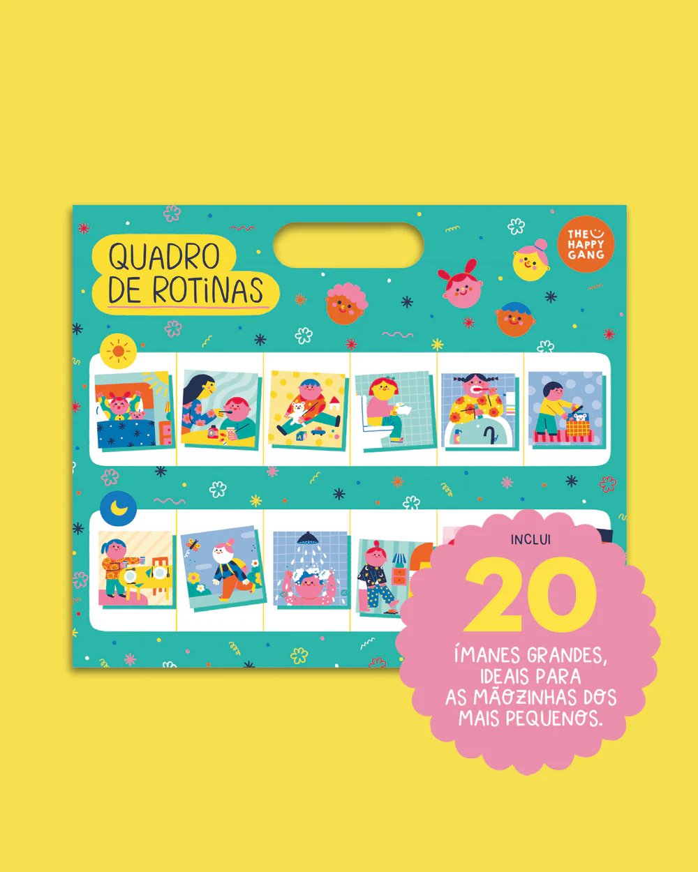 Quadro de rotinas com ilustrações coloridas de crianças e texto informativo em rosa