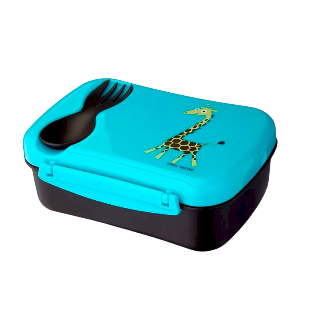 Caixa de almoço azul com desenho de girafa e talheres integrados