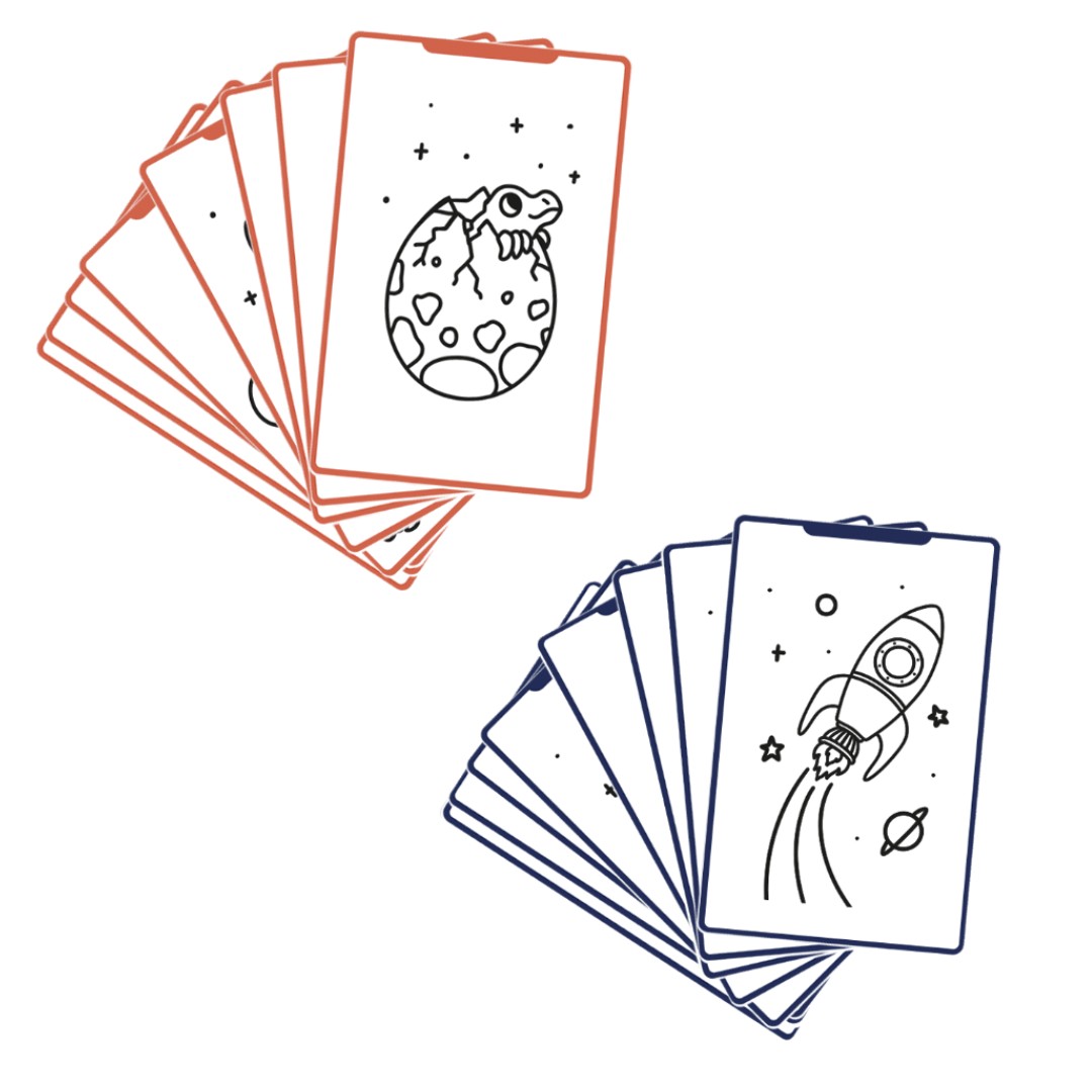 Cartas ilustradas com bordas vermelhas e azuis com desenhos a preto de dinossauro e foguetão.