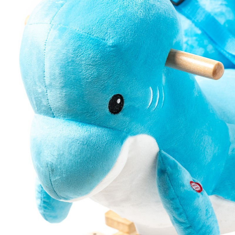 Brinquedo de golfinho azul em peluche com pega de madeira