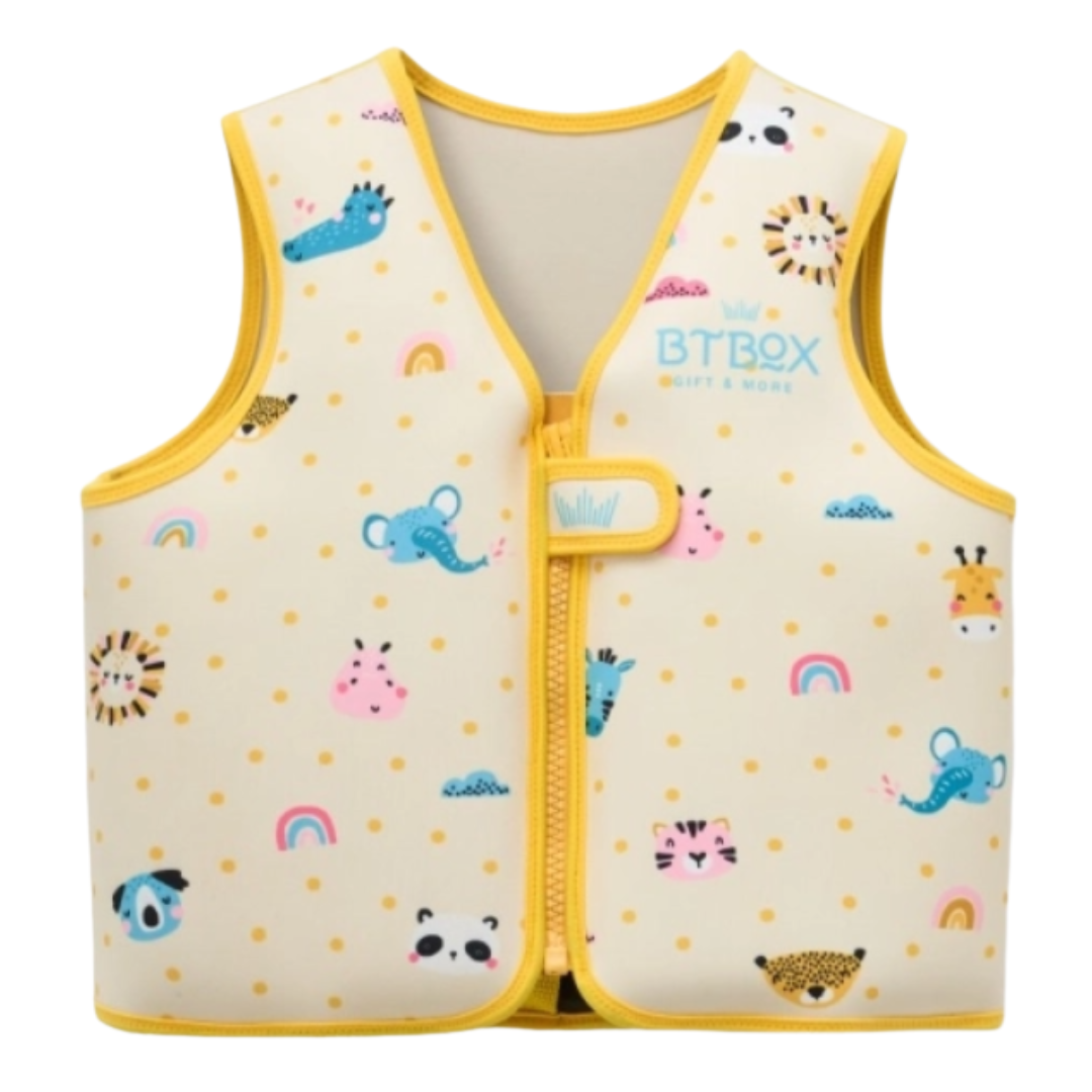 Colete infantil amarelo com estampado de animais coloridos e texto BTBOX GIFT & MORE
