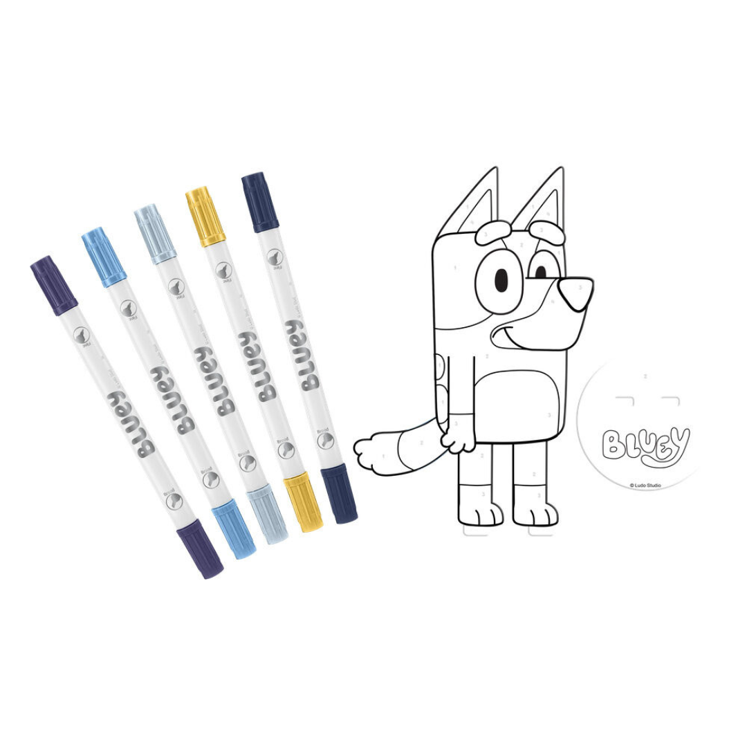 Conjunto de marcadores coloridos e desenho para colorir do personagem Bluey.