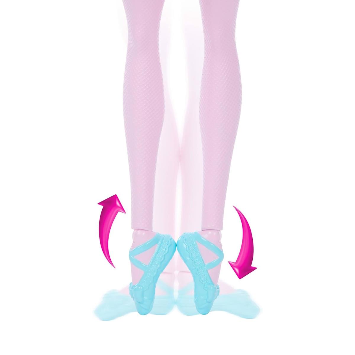 Pernas de boneca com meia rosa e sapatos de bailarina azuis animados