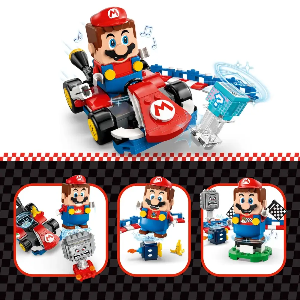 Brinquedo de construção com figura de Mario em kart e blocos acessórios.