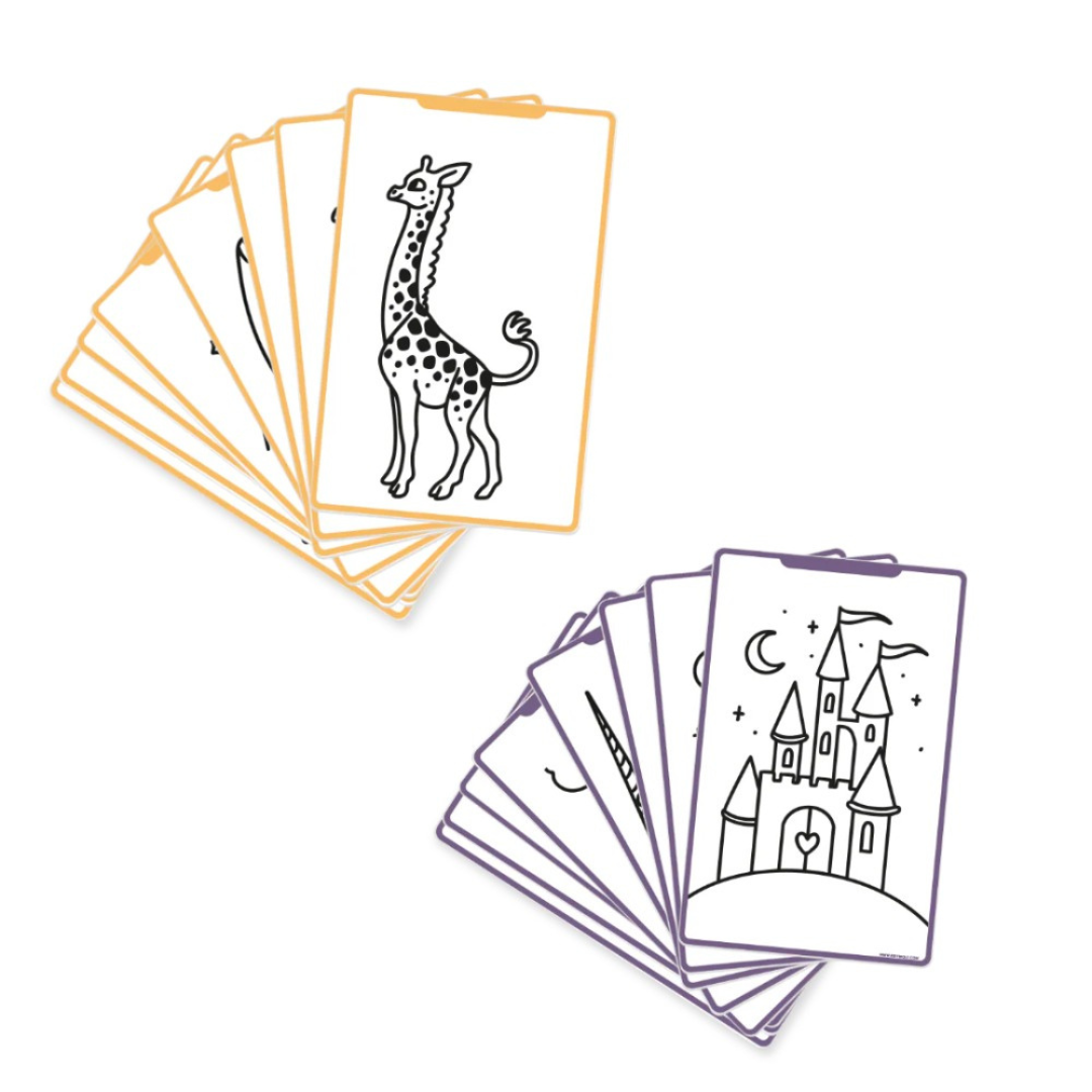 Cartas infantis com molduras coloridas e desenhos em preto e branco de girafa e castelo.