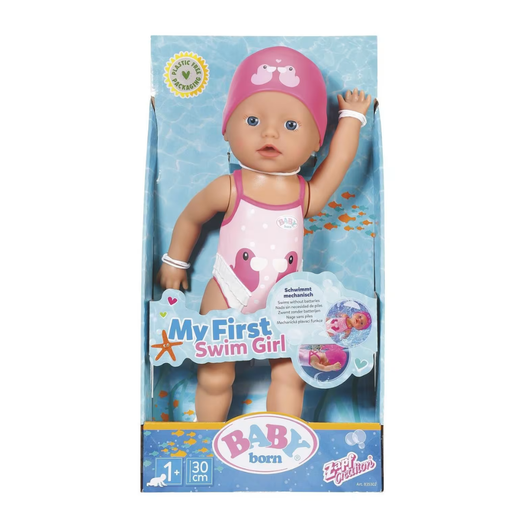Boneca My First Swim Girl da BABY born com fato de banho rosa e touca, embalada