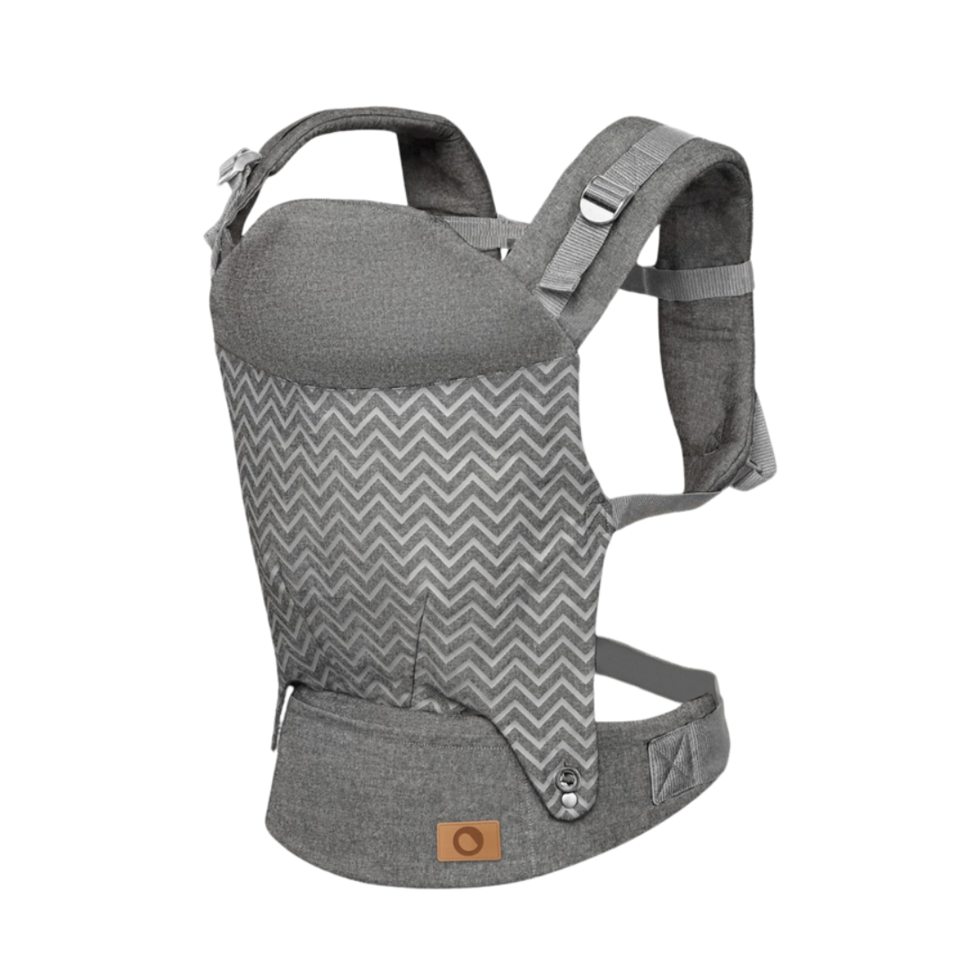 Canguru de bebé cinzento com padrão zig-zag e alças acolchoadas