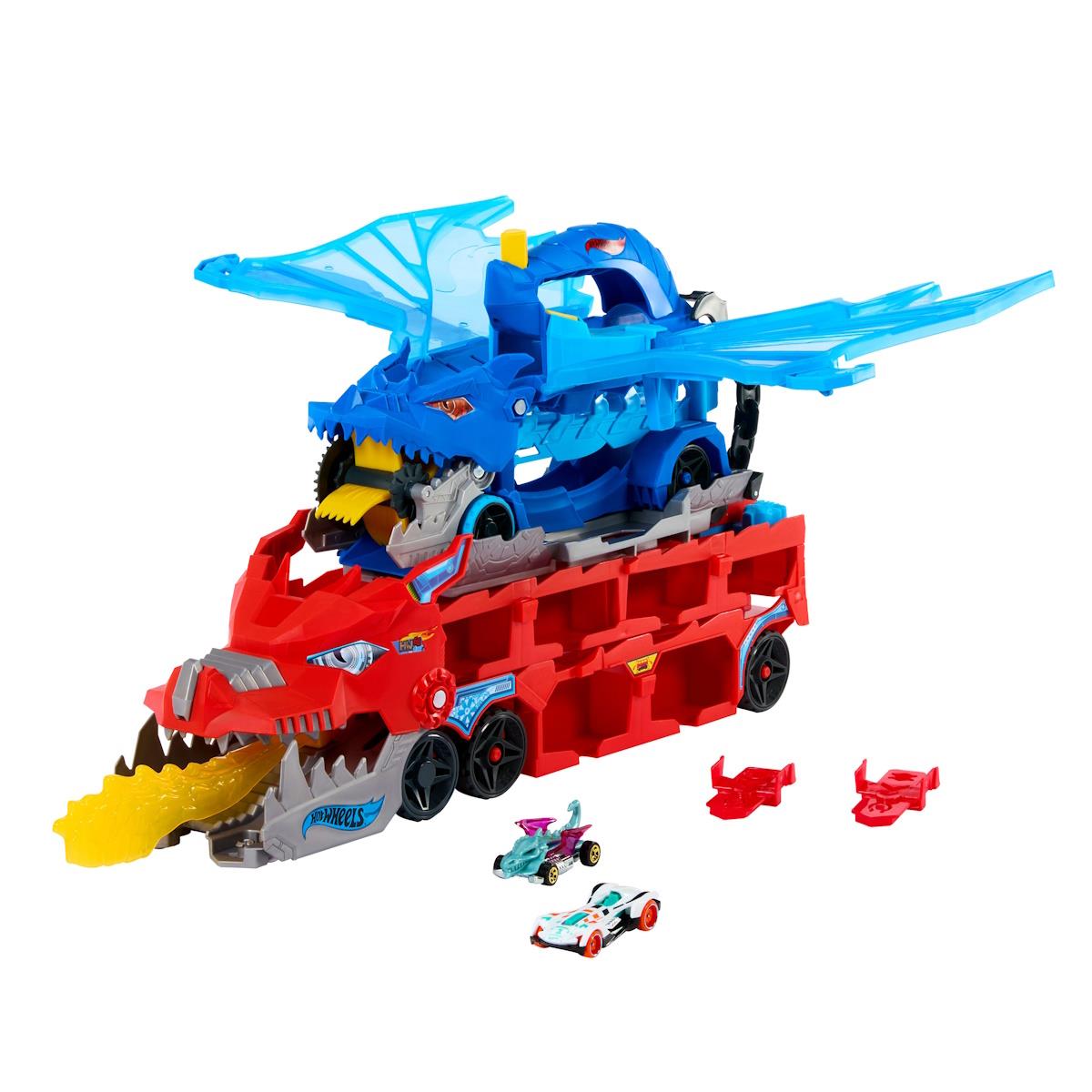 Brinquedo Hot Wheels dragão vermelho com chamas e asas azuis com dois carrinhos e acessórios