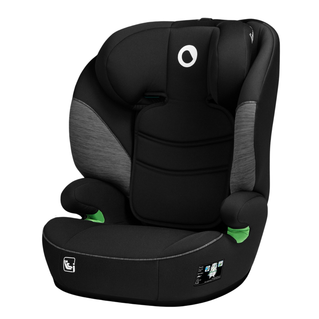 Cadeira auto infantil preta com detalhes cinza e verde