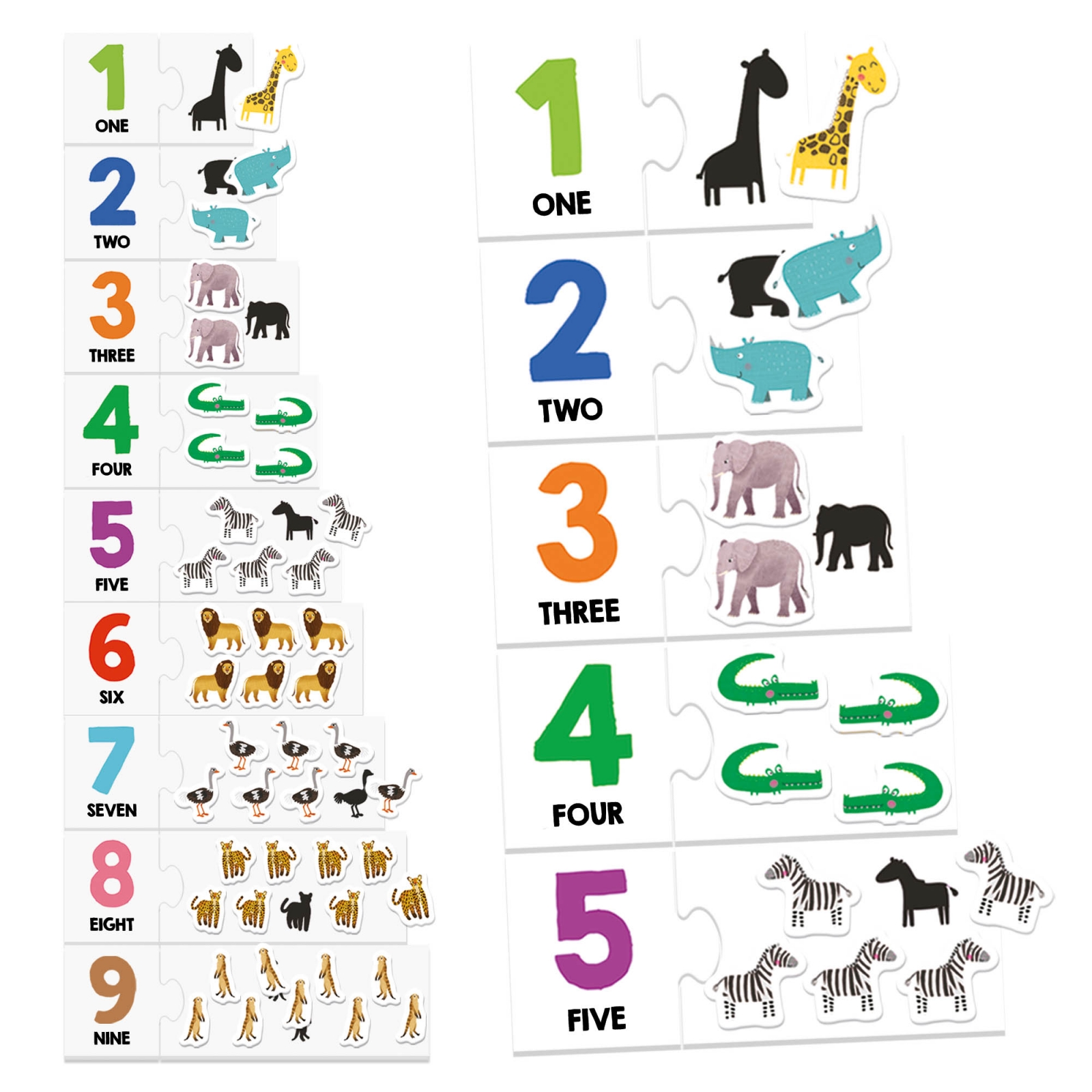 Puzzle educativo com números coloridos e animais, texto em inglês