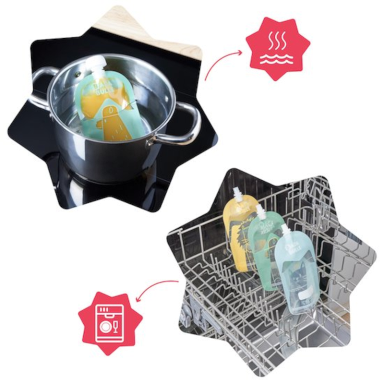 Sacos de silicone reutilizáveis dentro de um tacho e de uma máquina de lavar loiça.