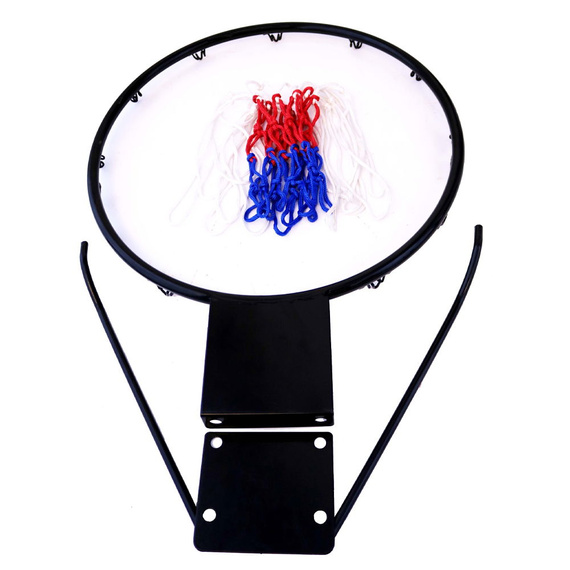 Aro de basquetebol metálico preto com rede colorida e suporte