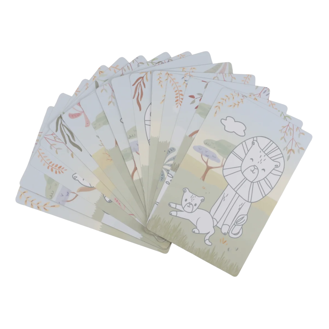 Cartas ilustradas com desenhos de leões e natureza em tons pastel.