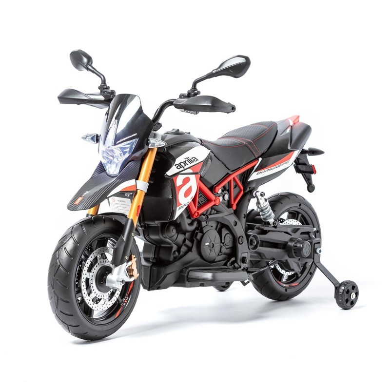 Motociclo de brinquedo preto e vermelho com logotipos apiria e a