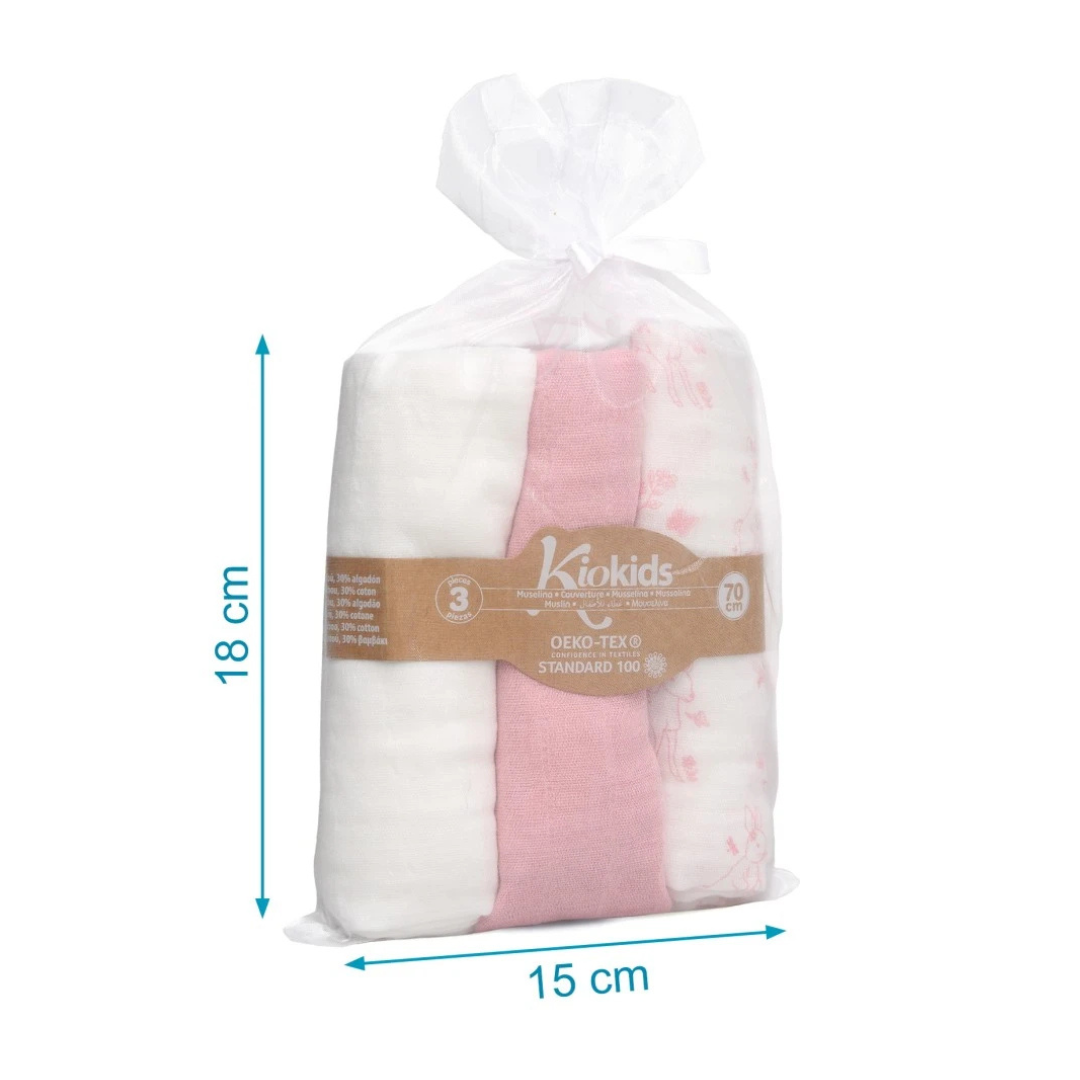 Pacote de panos muselina para bebé em três cores com embalagem transparente e etiqueta Kiokids