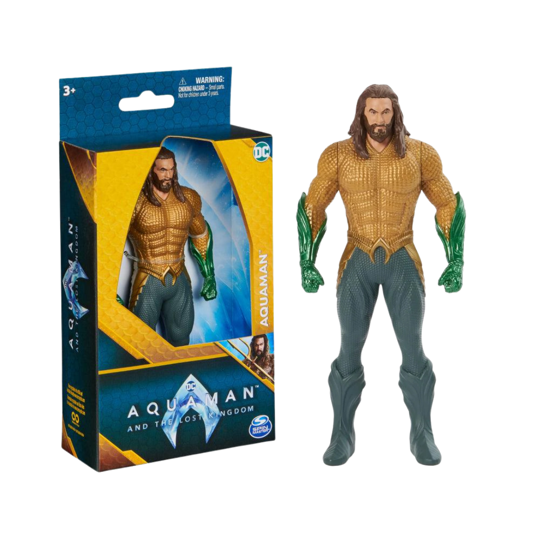 Figura de ação Aquaman e caixa azul e amarela com texto