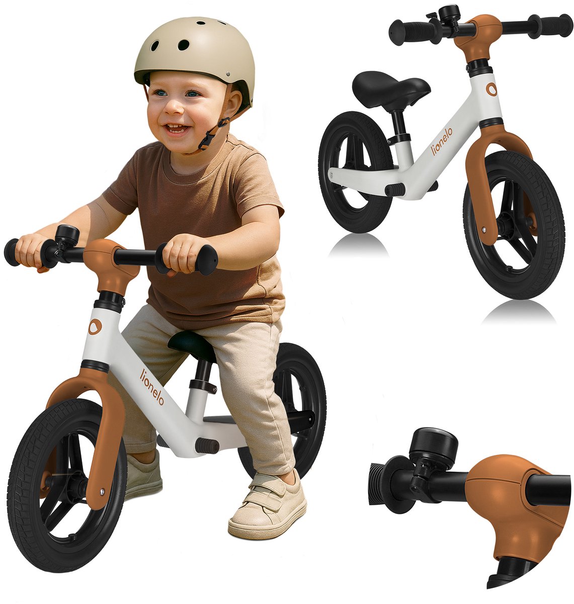 Bicicleta sem pedais branca e castanha para criança com criança a montar e detalhes
