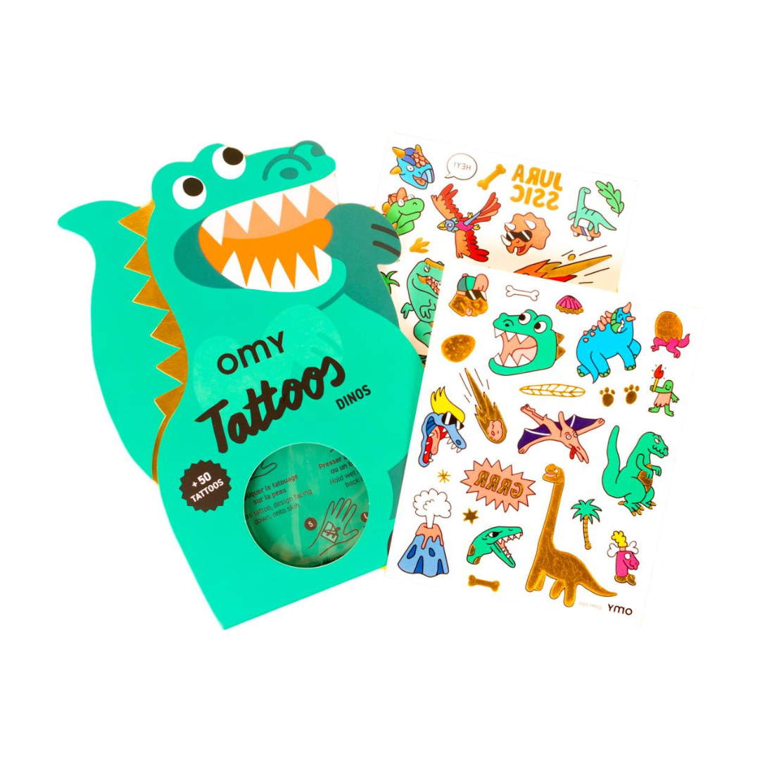Embalagem em forma de dinossauro azul com tatuagens temporárias de dinossauros coloridos