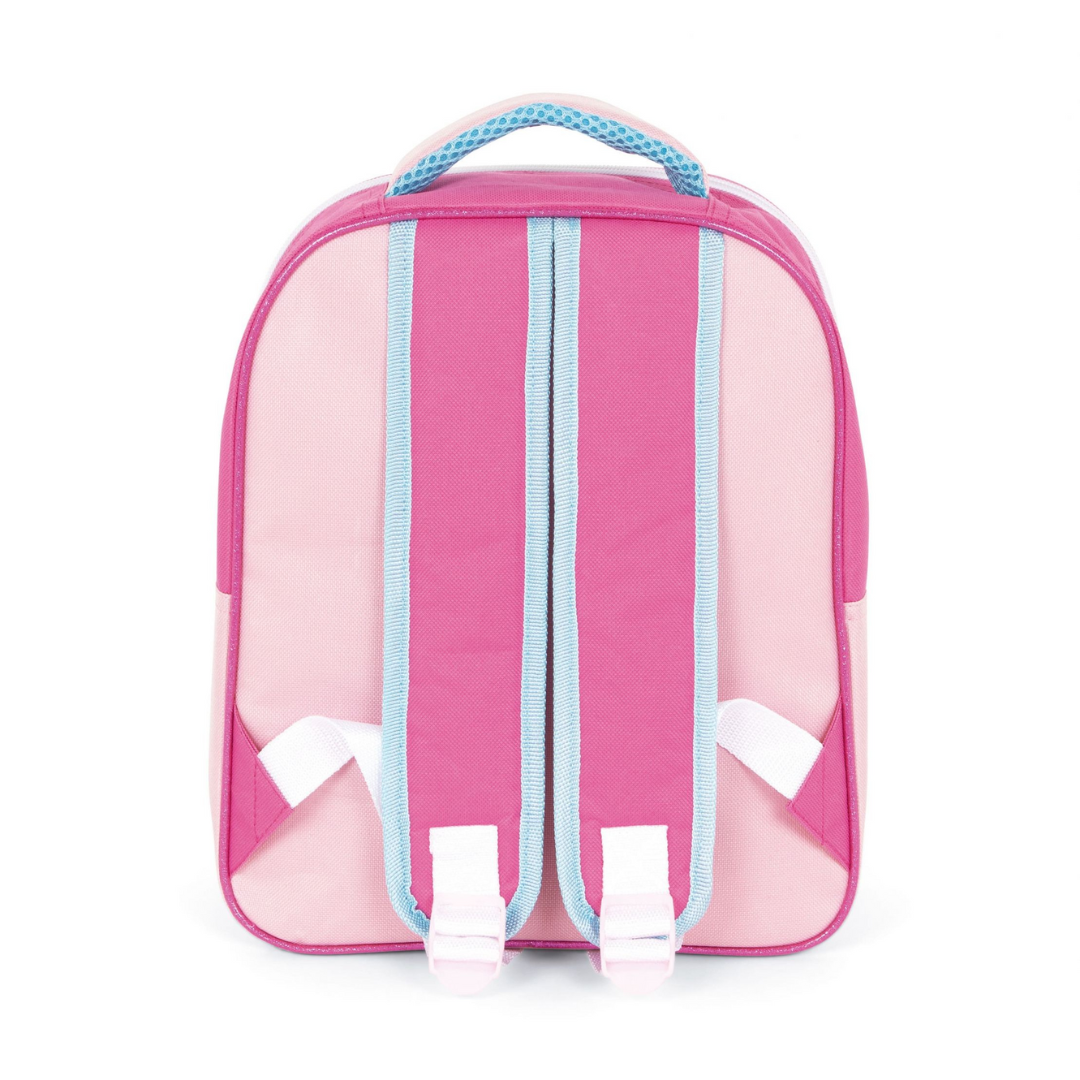 Mochila rosa com tiras almofadadas vistas de costas