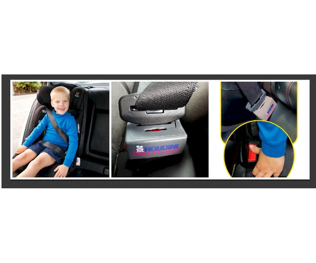 Cadeirão auto para criança preto com cinto de segurança e etiqueta 'HOLDON Click IT Click'.