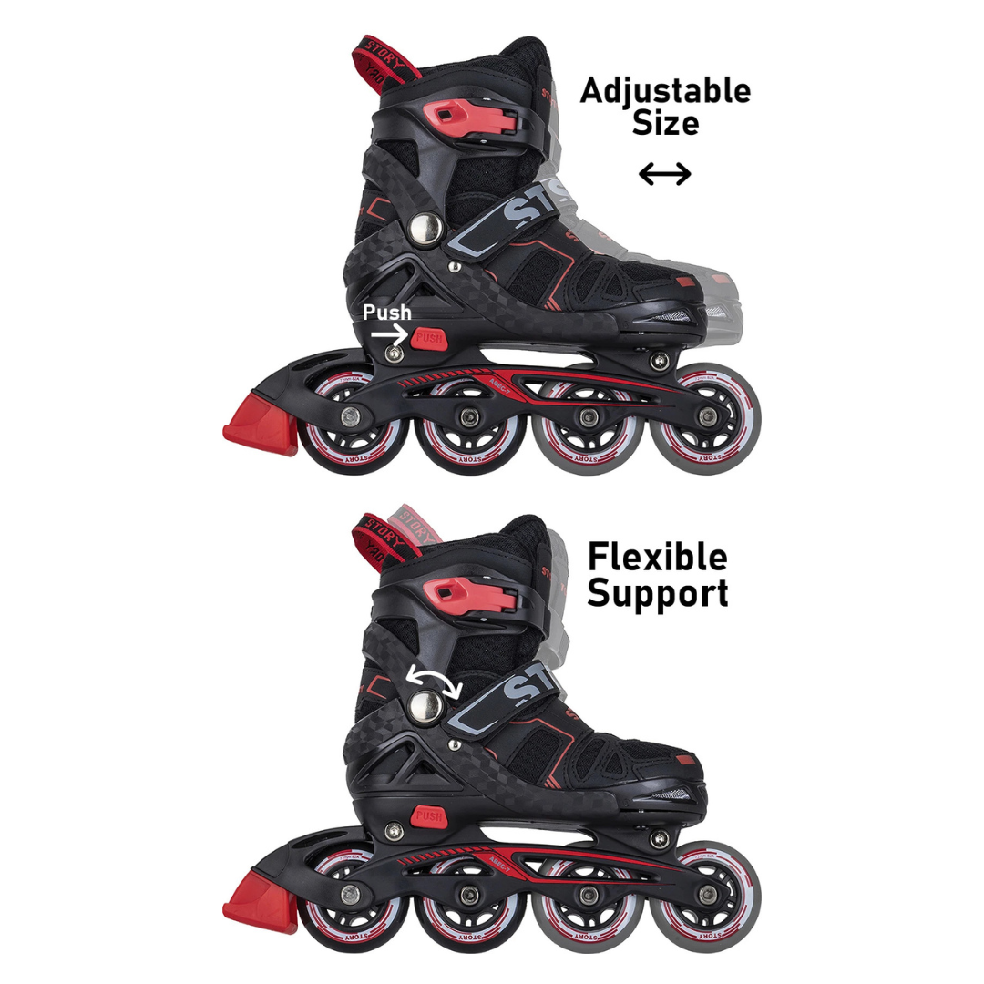 Patins em linha pretos e vermelhos com ajuste de tamanho e suporte flexível