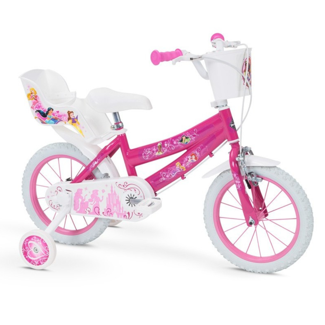 Bicicleta infantil cor-de-rosa com rodinhas de apoio e decoração de princesas