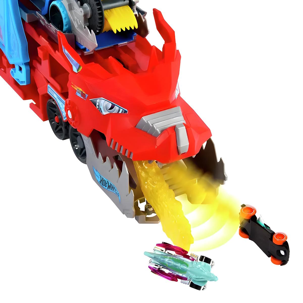 Brinquedo dragão vermelho lançando carrinhos Hot Wheels