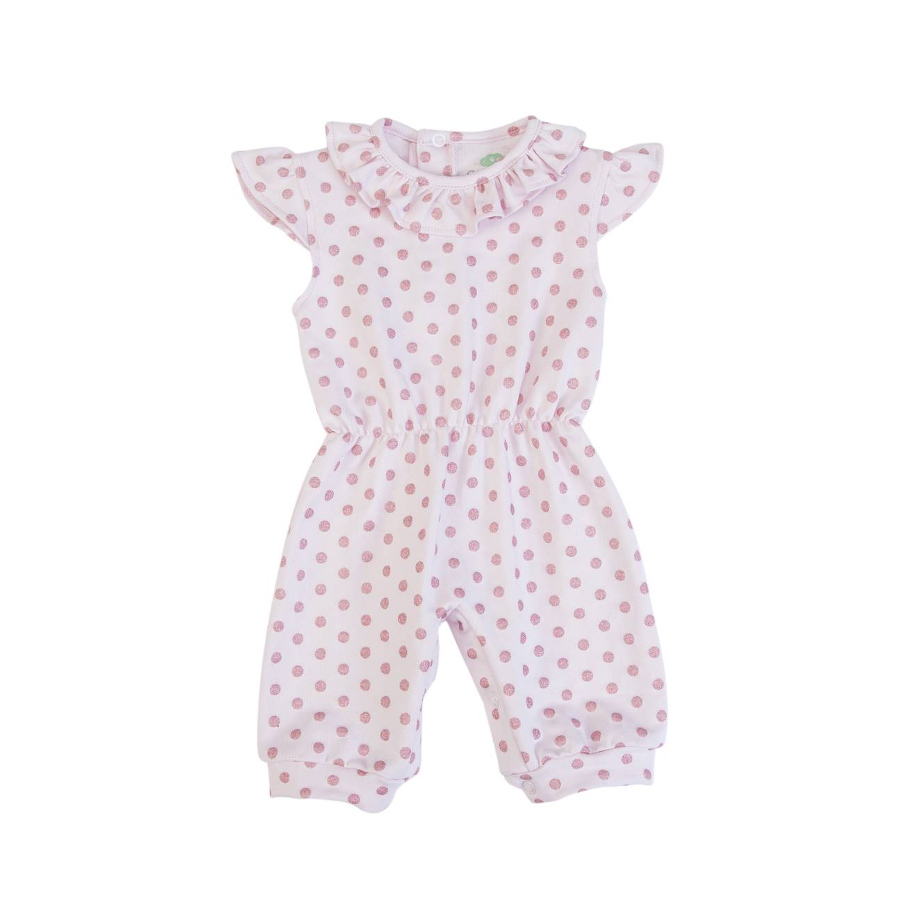 Macacão curto de bebé branco com bolinhas cor-de-rosa e gola de folhos