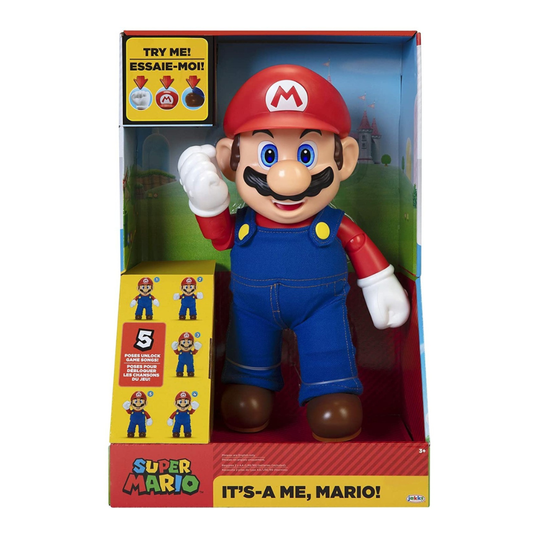 Figura de ação do Super Mario com macacão azul e boné vermelho em embalagem.