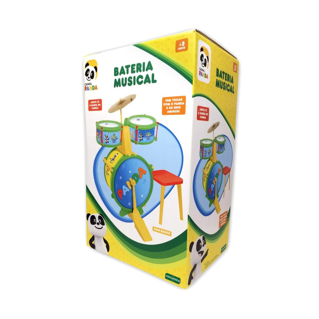 Embalagem com bateria musical de brinquedo para crianças, tambores verdes e azuis e banquinho vermelho.