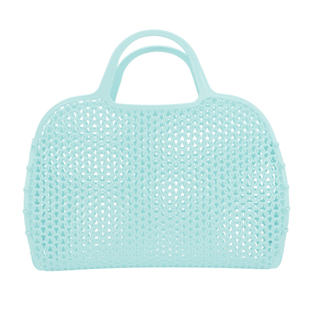 Sacola azul clara de plástico com padrão de malha