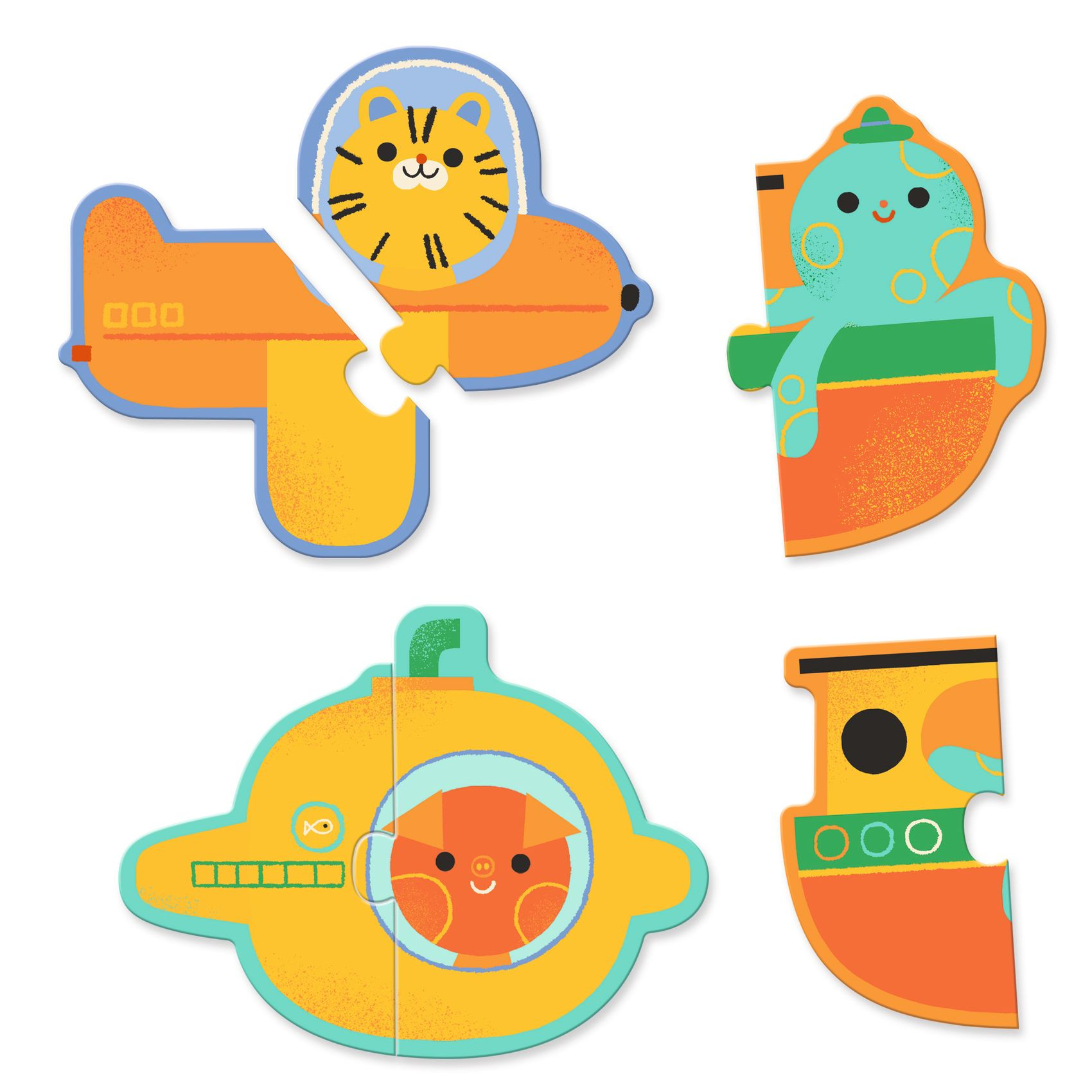 Peças de puzzle em madeira com animais em submarinos coloridos