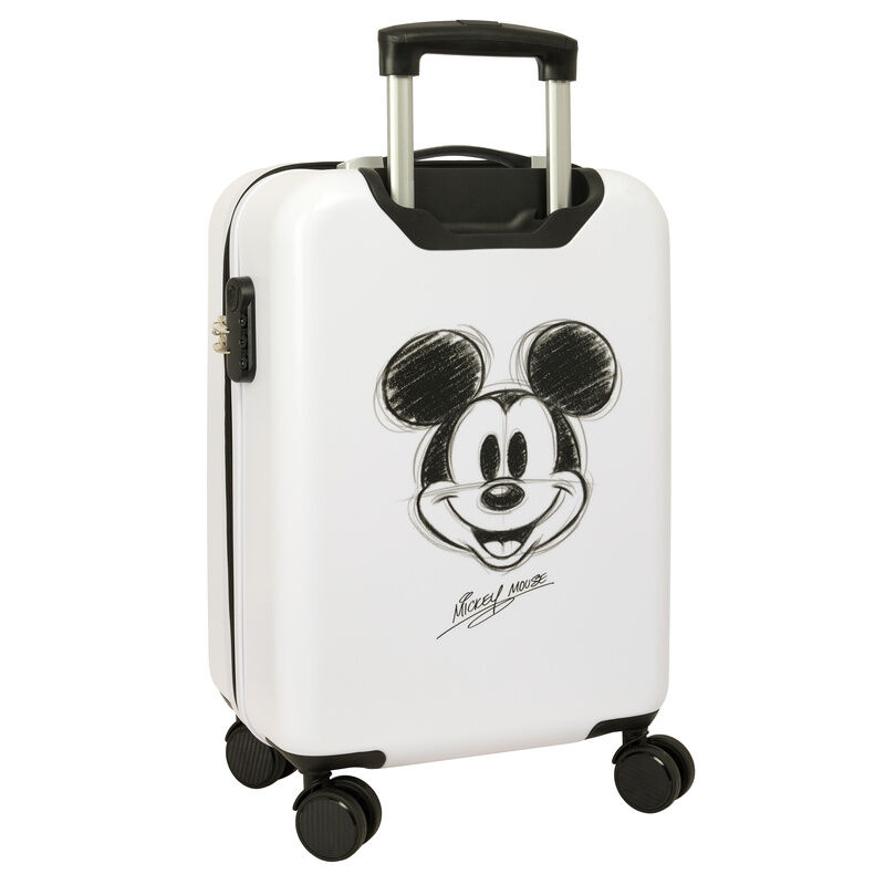 Mala de viagem rígida branca com desenho do Mickey Mouse preto e branco.