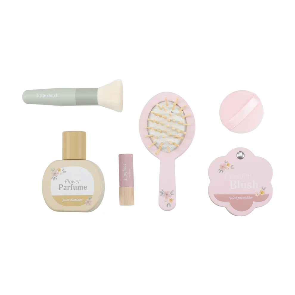 Conjunto infantil de maquilhagem com pincel, perfume, gloss, escova e pó compacto em tons pastel