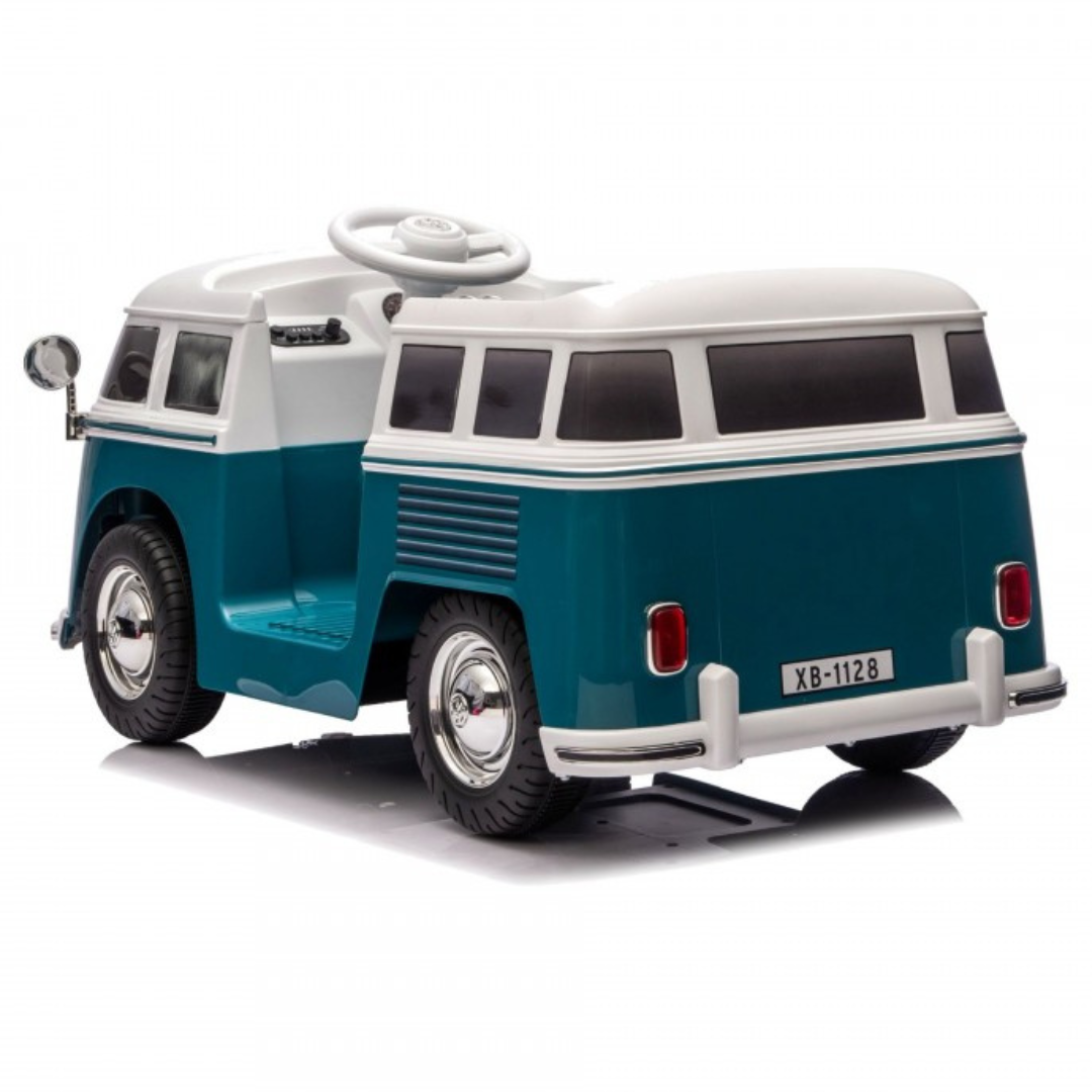 Veículo infantil elétrico carrinha retro azul e branco com volante e retrovisor