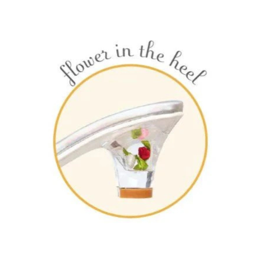 Salto de sapato transparente com flores dentro e texto 'flower in the heel'