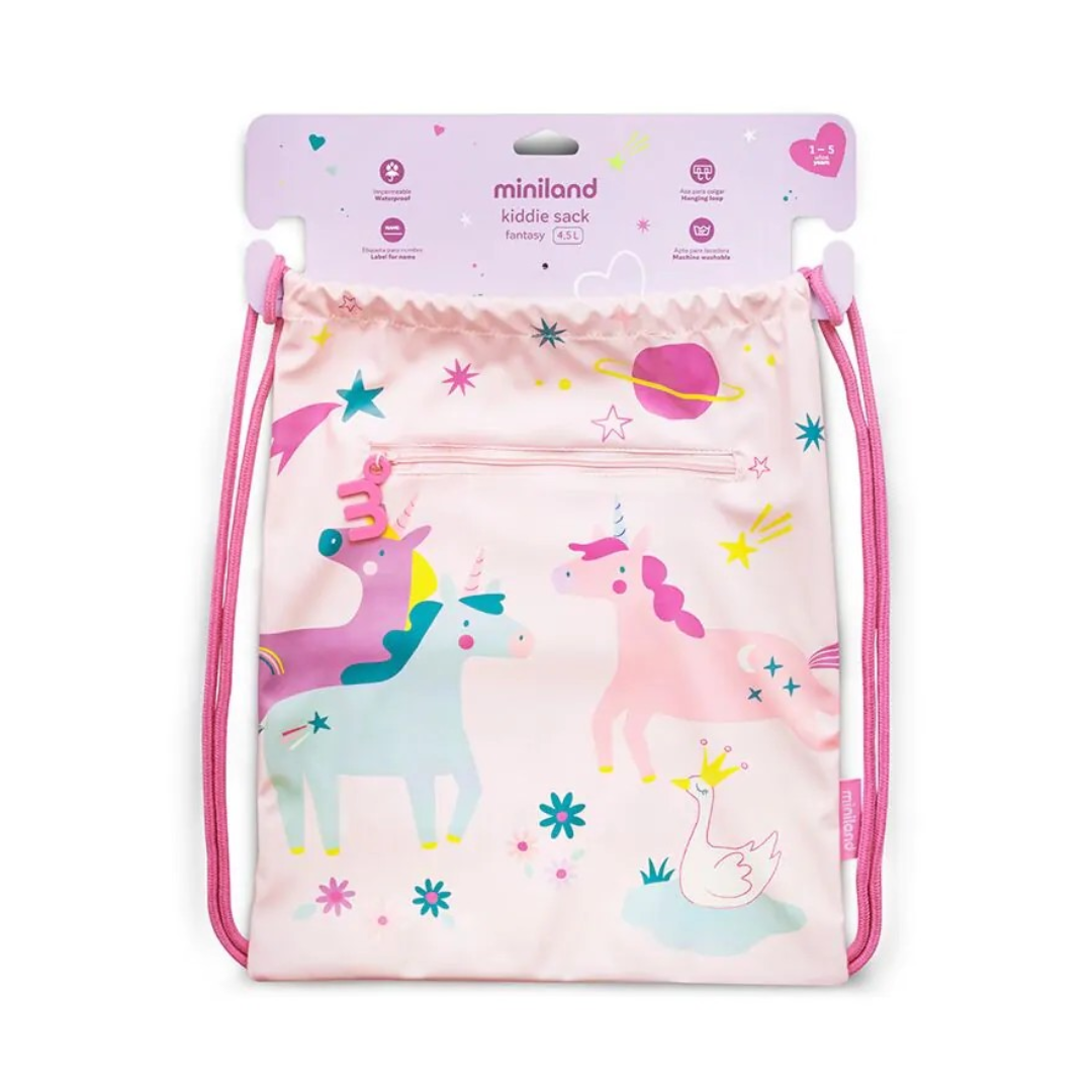Saco infantil rosa com desenhos de unicórnios, planetas e um cisne, com cordões rosa