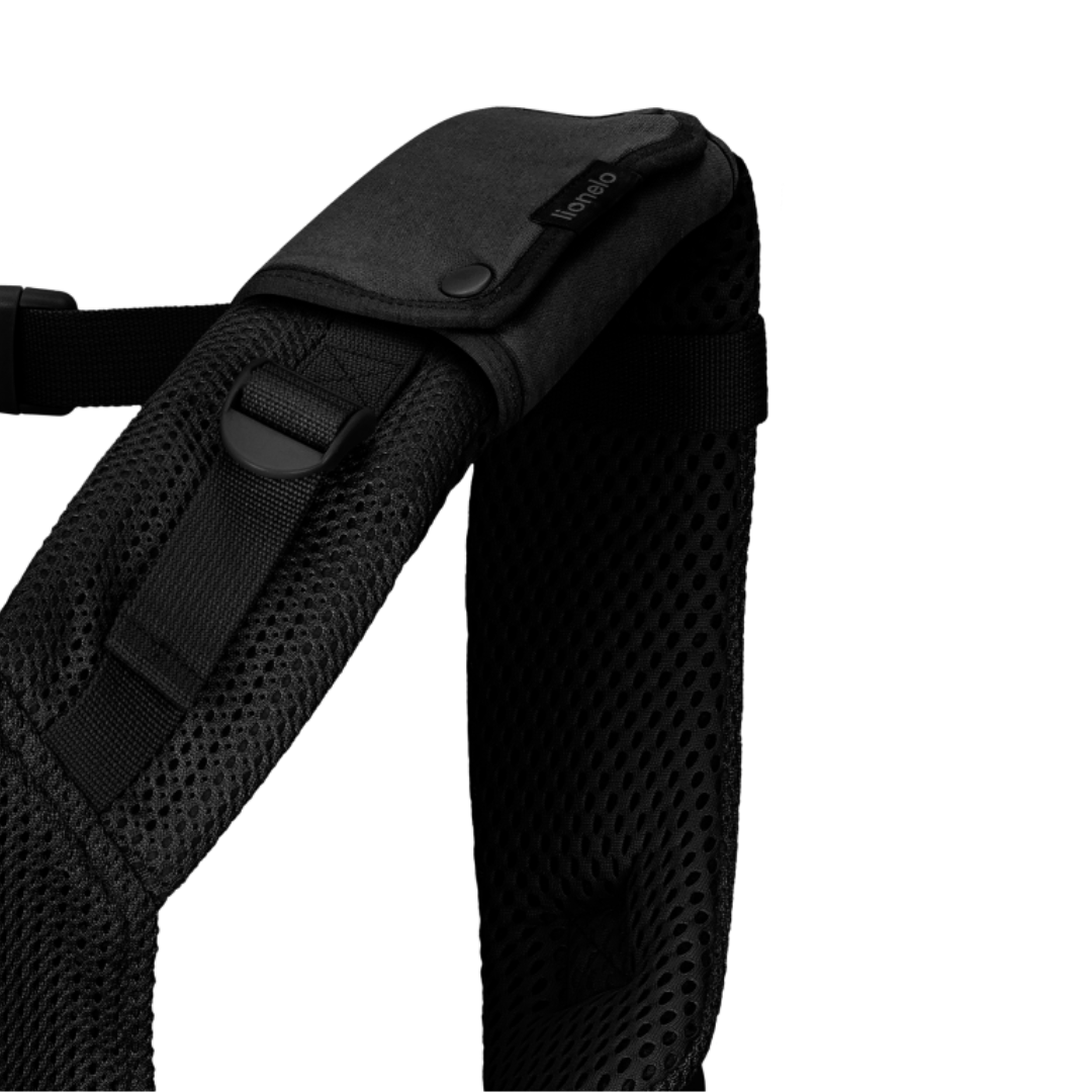 Alça acolchoada preta com tecido em malha e bolso pequeno com botão de pressão