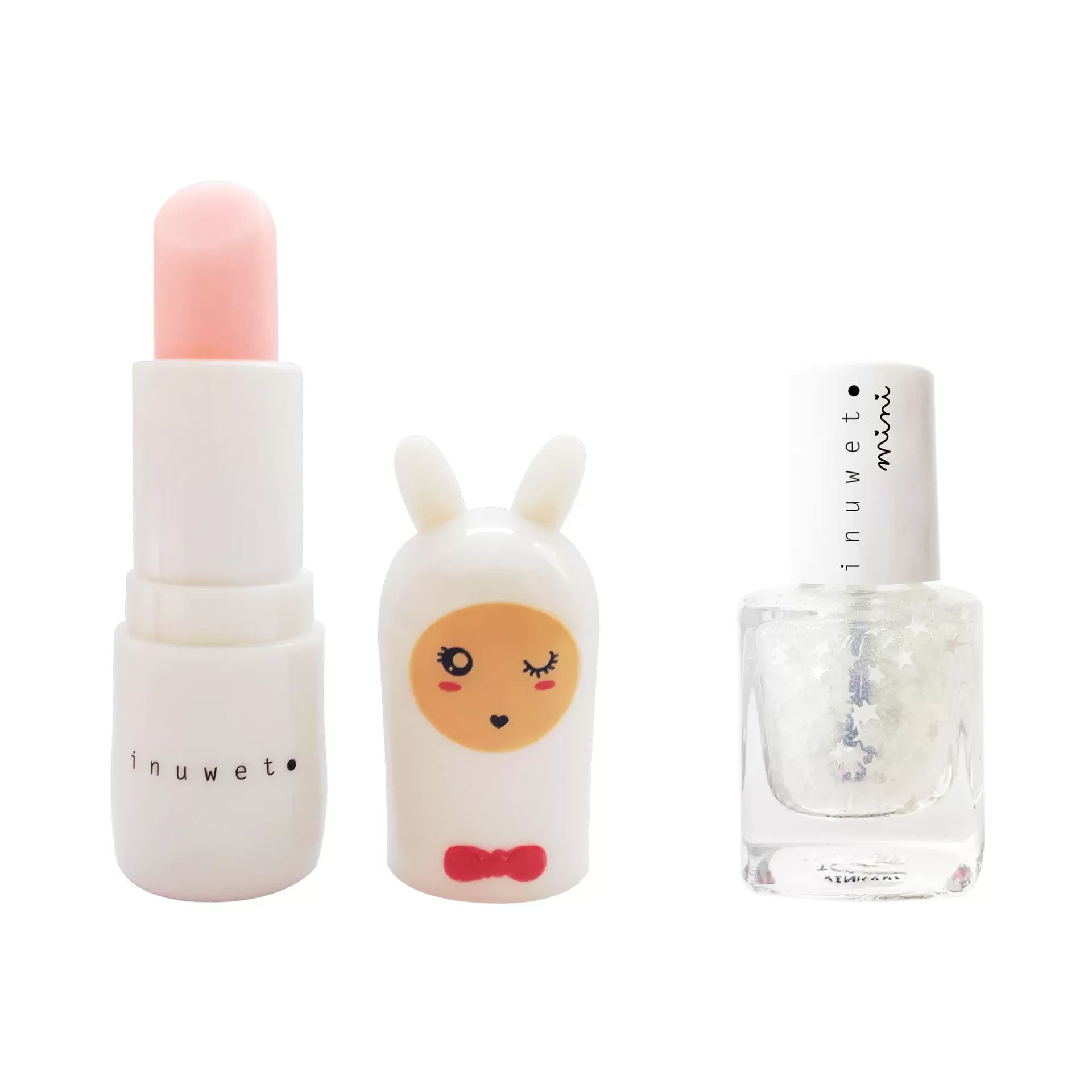 Baton cor-de-rosa e verniz de unhas com purpurinas da marca inuwet mini