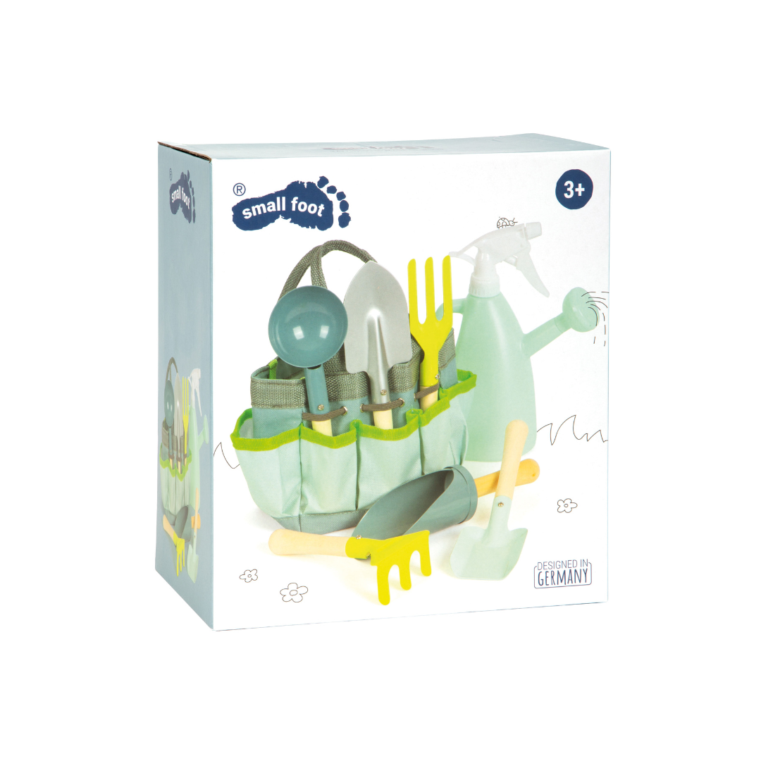 Brinquedo conjunto de jardinagem infantil com bolsa verde e ferramentas amarelas e verdes para crianças maiores de 3 anos