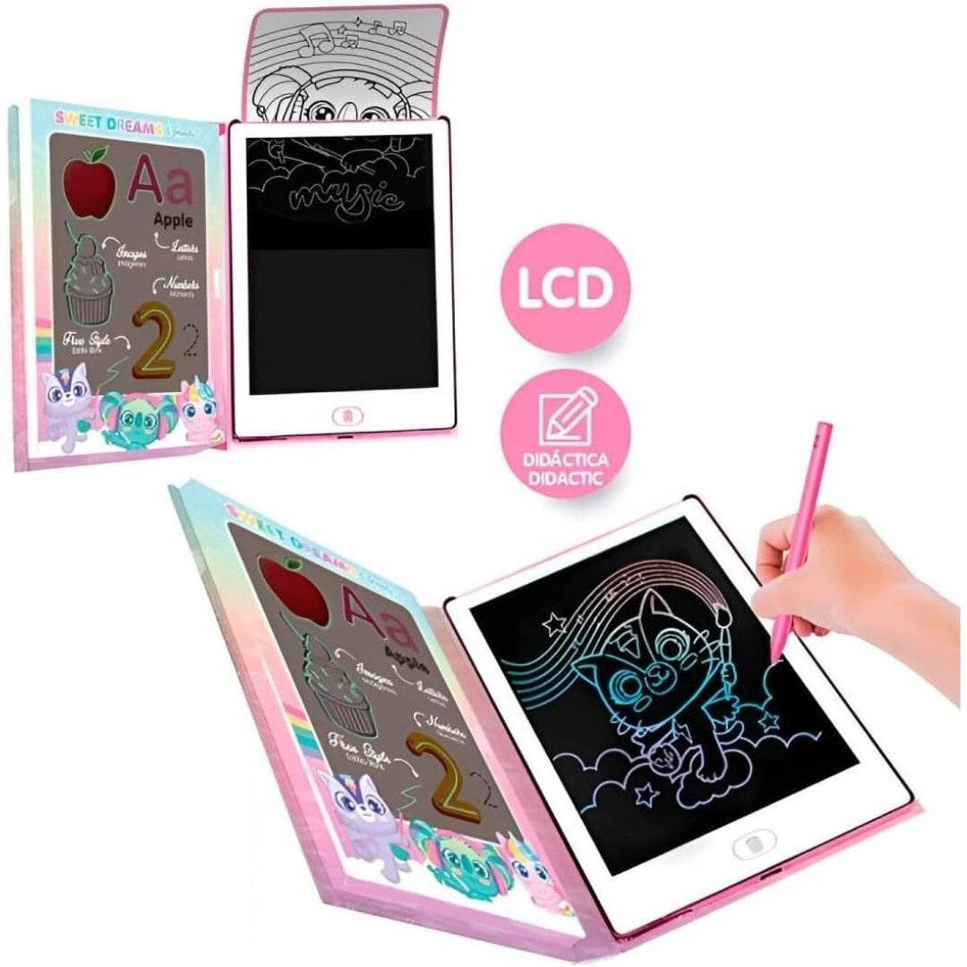 Conjunto educativo prancheta LCD rosa com capa colorida e desenhos educativos para crianças.