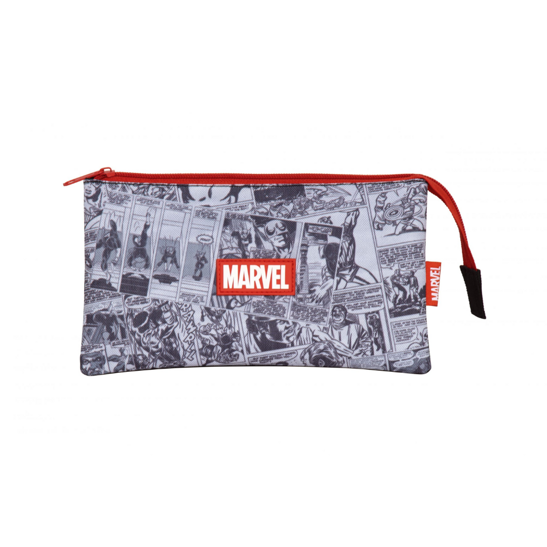 Estojo Marvel com padrão de banda desenhada e fecho vermelho