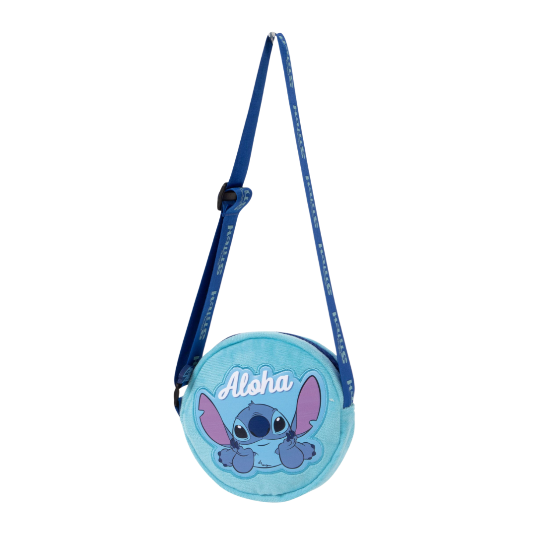 Mala redonda azul clara com estampa da personagem Stitch e texto Aloha.