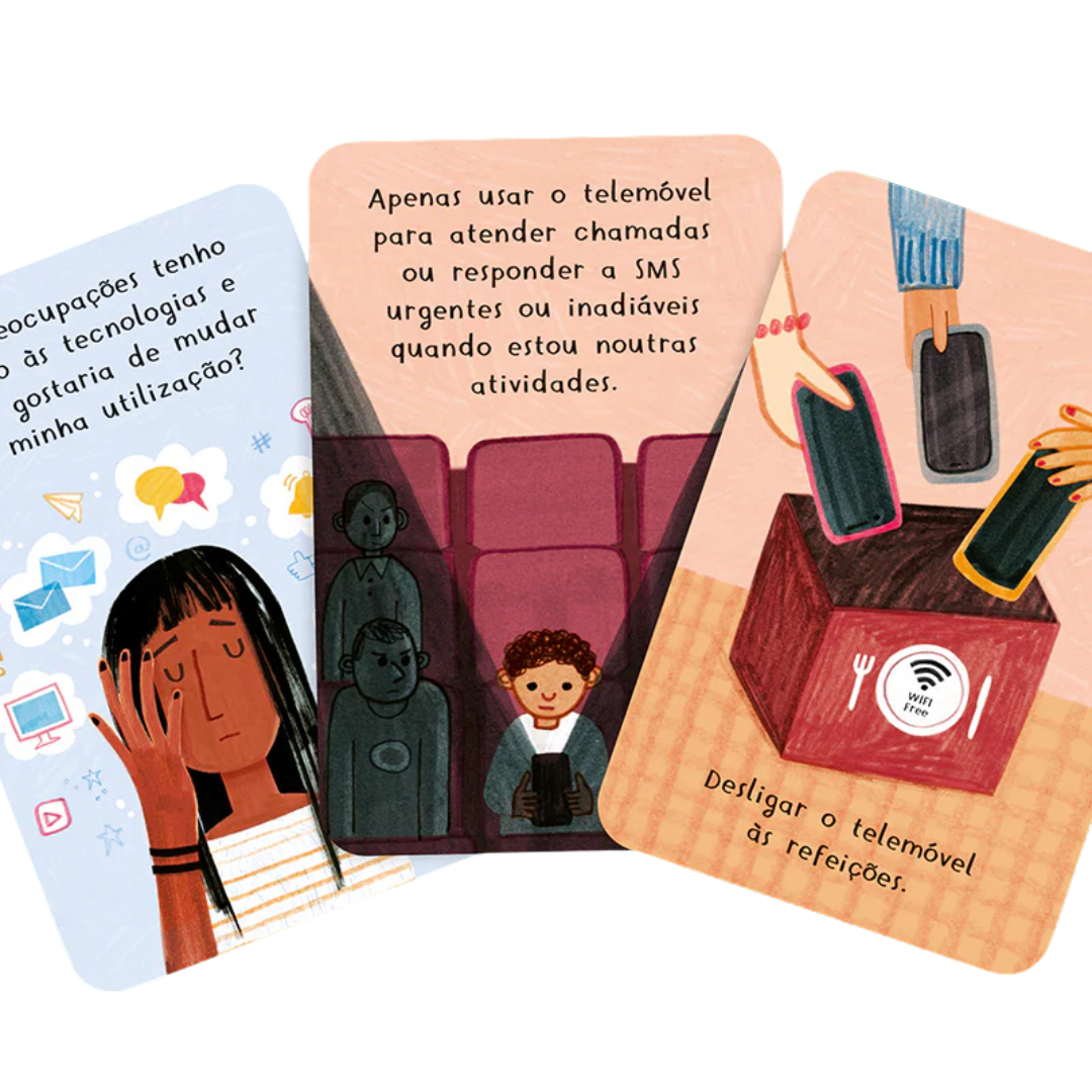 Cartões ilustrados com texto em português sobre uso do telemóvel com desenhos de pessoas e telemóveis.