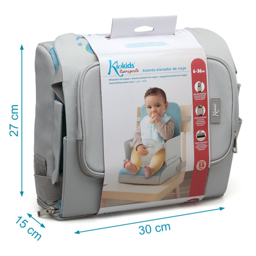 Assento elevador de viagem para bebé Kiokids em tecido cinzento e azul claro