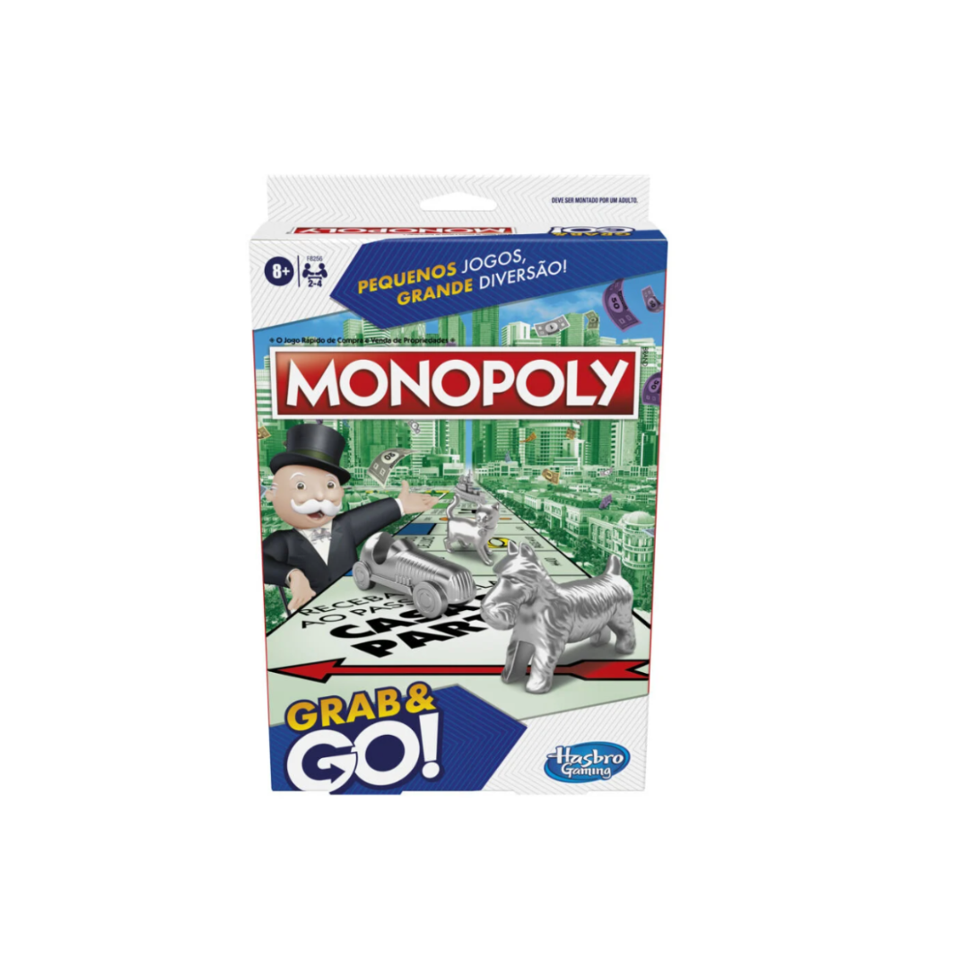 Caixa do jogo Monopoly com peças metálicas e texto promocional em azul e branco
