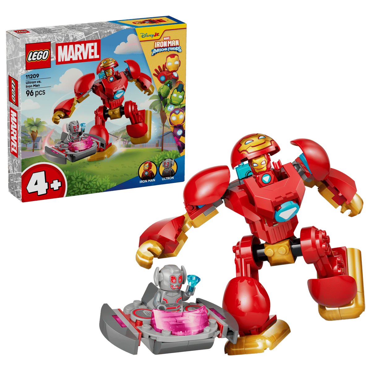Conjunto LEGO Marvel Ultron vs. Iron Man com figuras de LEGO em vermelho, dourado e cinza