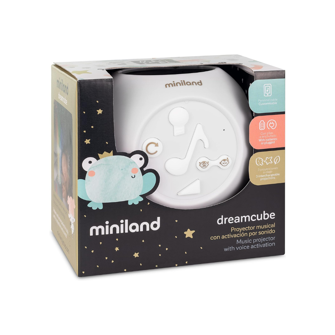 Proyector musical Miniland dreamcube em caixa com design de sapo